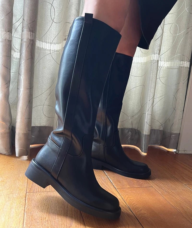 INS ZA Plus Size 34-43 New Fashion Full Genuine Leather Boots Women Slip On Knee High Boots Autumn Winter Straight Knight Botas