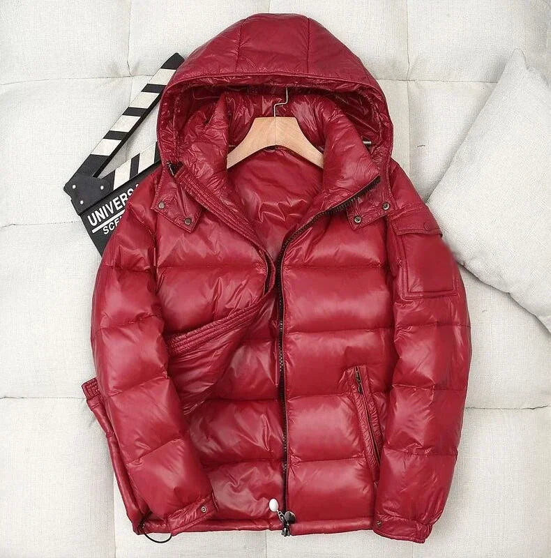 Mens Glossy Parka Casual White Duck Hooded Down Jacket Waterproof Windproof Ski Thick Warm Outwear Men Winter Fashion Shiny Coat