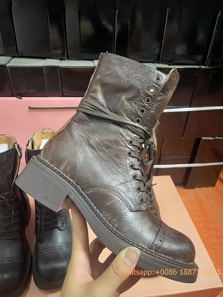 Genuine Leather Ladies Knight Boots 2025 Autumn Belt Buckle Model Catwalk Casual Long Boots Black/brown Thick Heel Casual Boots
