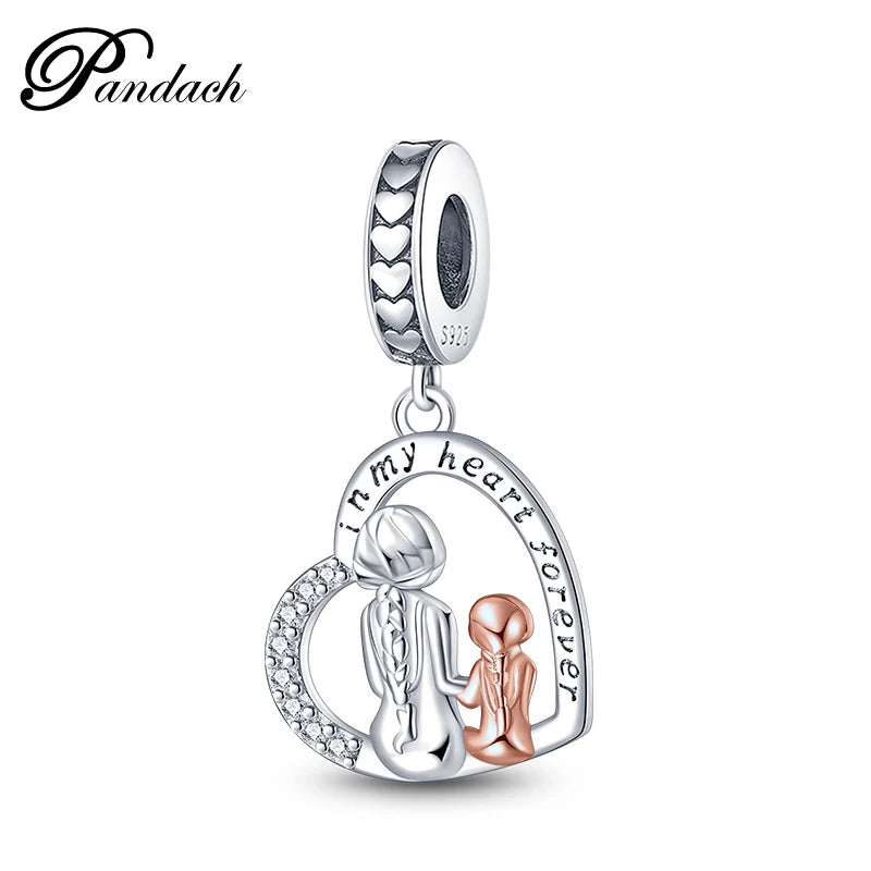 925 Sterling Silver Classic Mom and Daughter Heart Shaped Charms Pendants Fit Pandach Original Bracelet DIY Mother's Day Jewelry