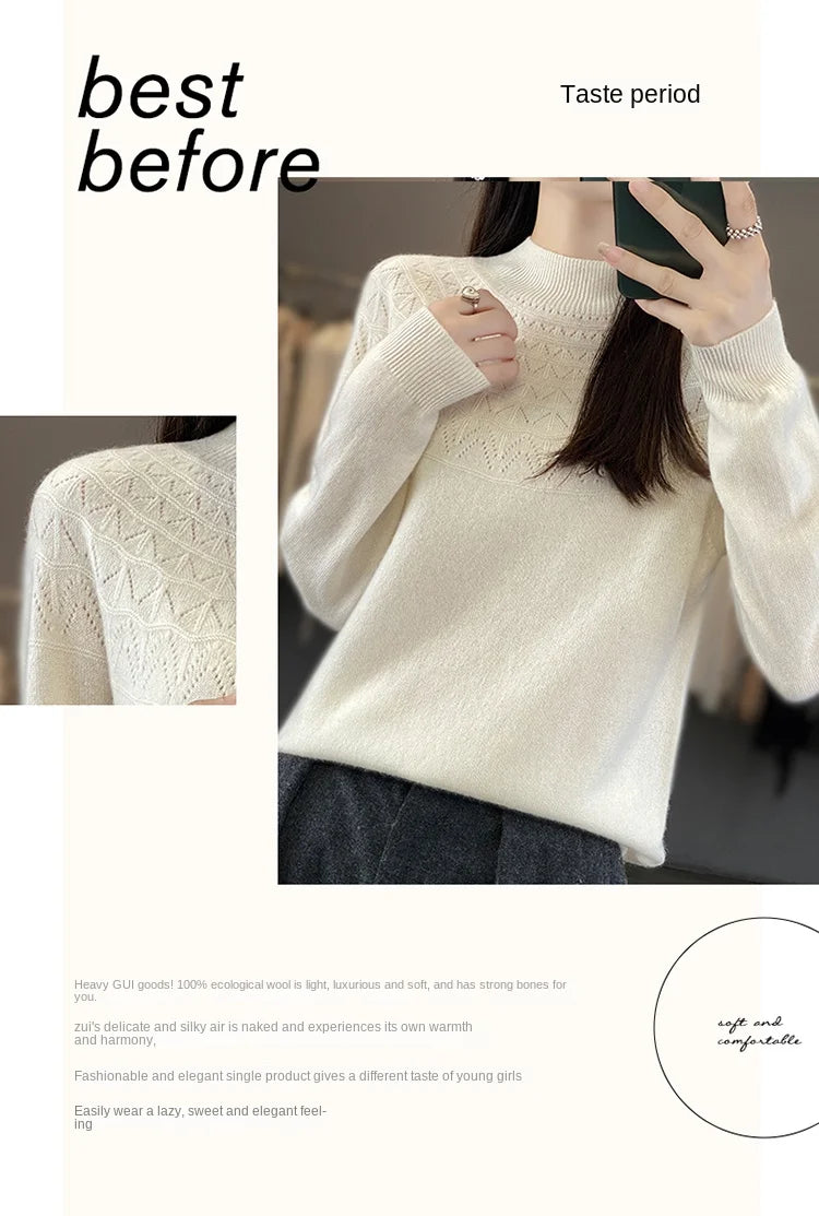 2024 New Line Of Garment Hollowed Out Half Height Women's High-grade Woolen Sweater 100% Pure Wool Multi-color Option WQ