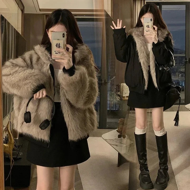 Double-Sided Warm Fur Coat Women Autumn Winter Loose Thicken Plush Cotton Coat 2025 New Women Hooded Imitation Mink Fur Outwear