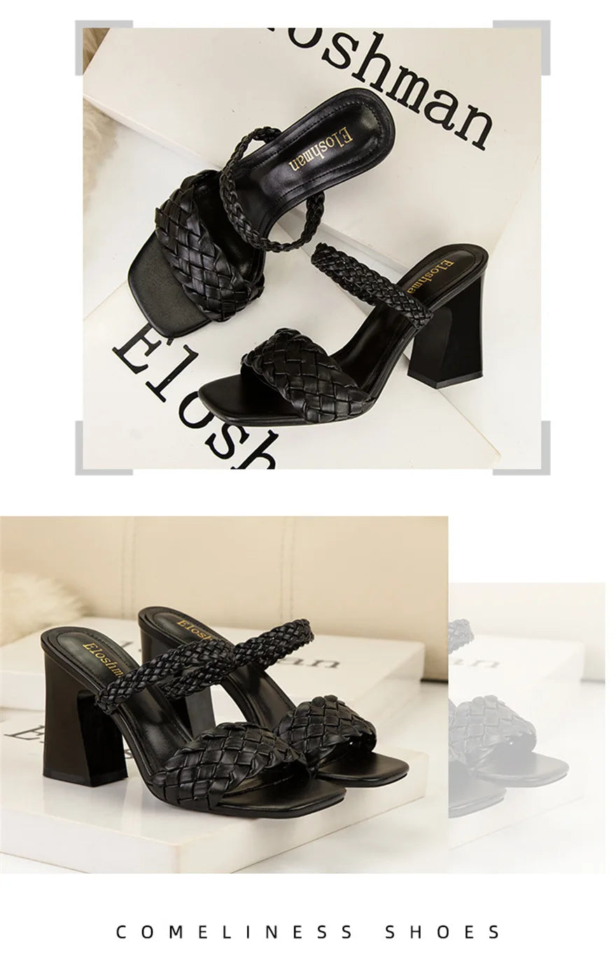 Fashion Weave Thick Heel Women's Slippers Square Toe Summer Casual Ladies Slides Red Orange Shoes Slip On Beach Sexy Pumps Woman