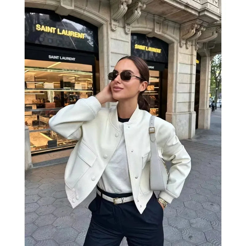 MUJER 2025 Woman Bomber Jacket White Autumn Winter Button Cropped Jackets for Women Fashion Long Sleeve Women Coats Outerwears