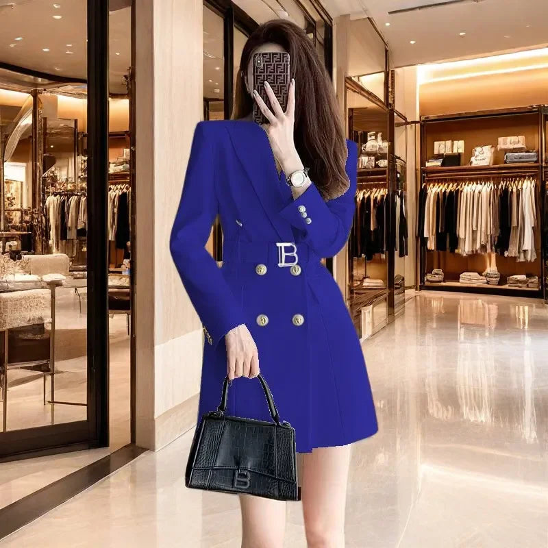2025 New Spring Autumn Chic Casual Outwear Jacket Outwear Women's Belt Medium Long Double Row Long Sleeve Professional Suit Tops