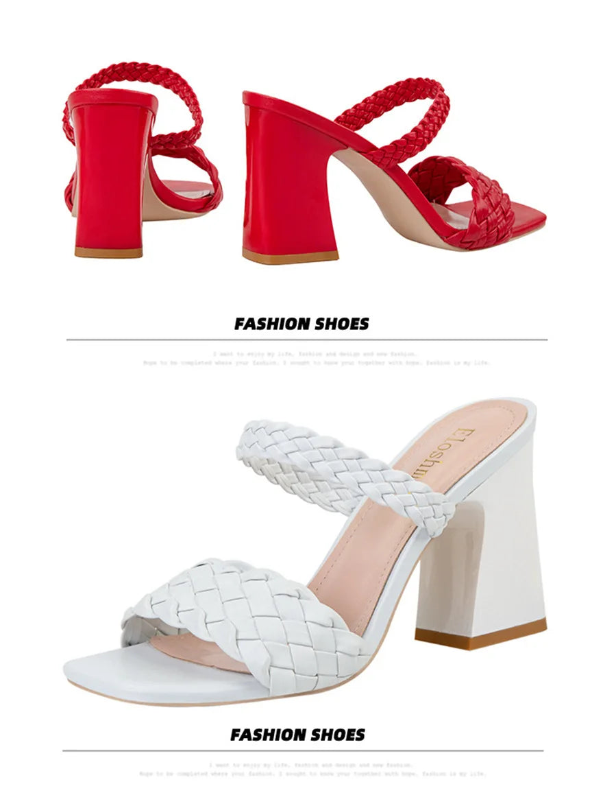 Fashion Weave Thick Heel Women's Slippers Square Toe Summer Casual Ladies Slides Red Orange Shoes Slip On Beach Sexy Pumps Woman