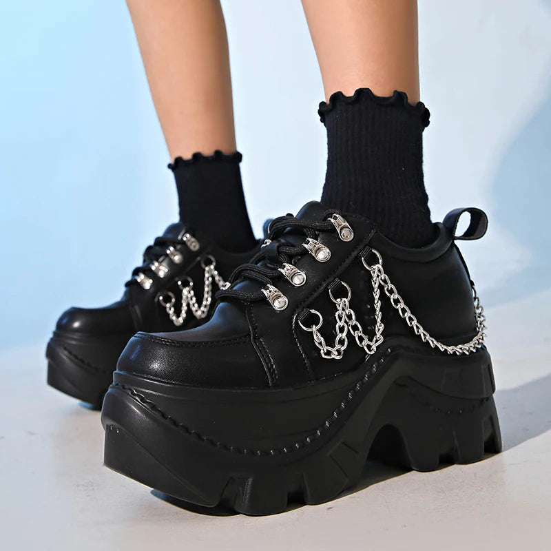 Gothic Punk Chunky Sneakers for Women Black Chain Decor Platform Sports Shoes Woman Thick Sole Non Slip Punk Sneakers Plus Size
