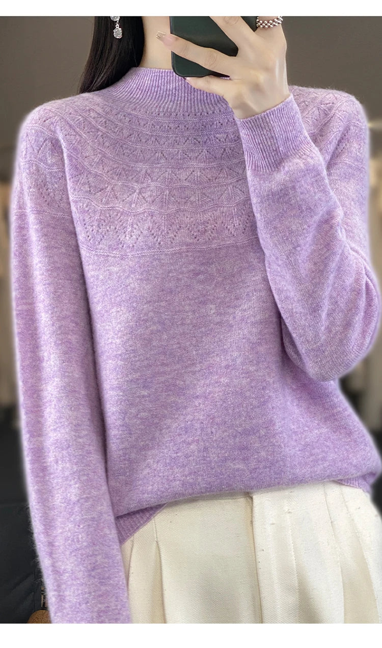 2024 New Line Of Garment Hollowed Out Half Height Women's High-grade Woolen Sweater 100% Pure Wool Multi-color Option WQ