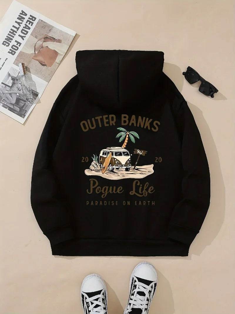 Cozy Hoodie Women's Casual Hoodie Outer Banks Pogue Life Letter Print Beach Graphic Kangaroo Pocket Cozy Autumn Apparel Trendy