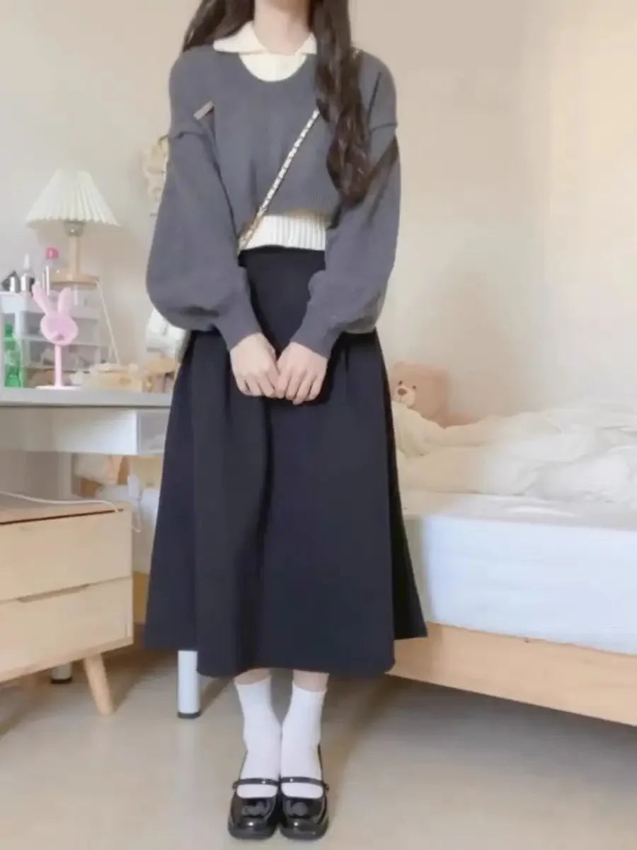Preppy Style Women's Polo Collar Sweater 2-Piece Set Cropped Idle Style Knit Suit V-Neck Top For Spring And Autumn