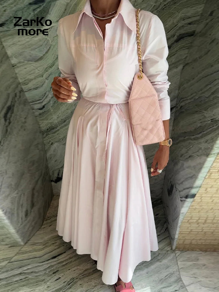 Casual Lapel Shirt Skirt Two Pieces Set Women Single Breasted Long Sleeve Top A-line Pleated Shirts 2025 Autumn Lady Solid Suit