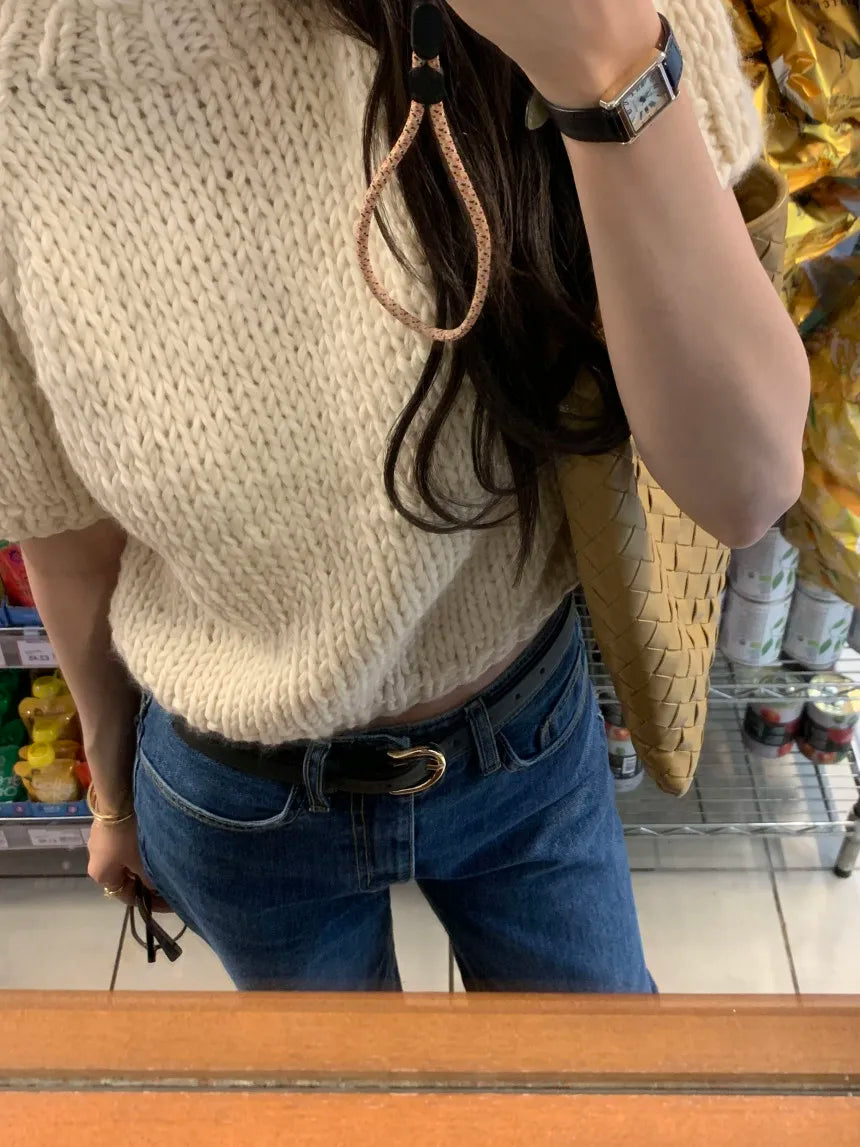 Chic Vintage Heavyweight Knitted Loose ort Sve Striped Sweater for Women Summer Collection oulder Sve