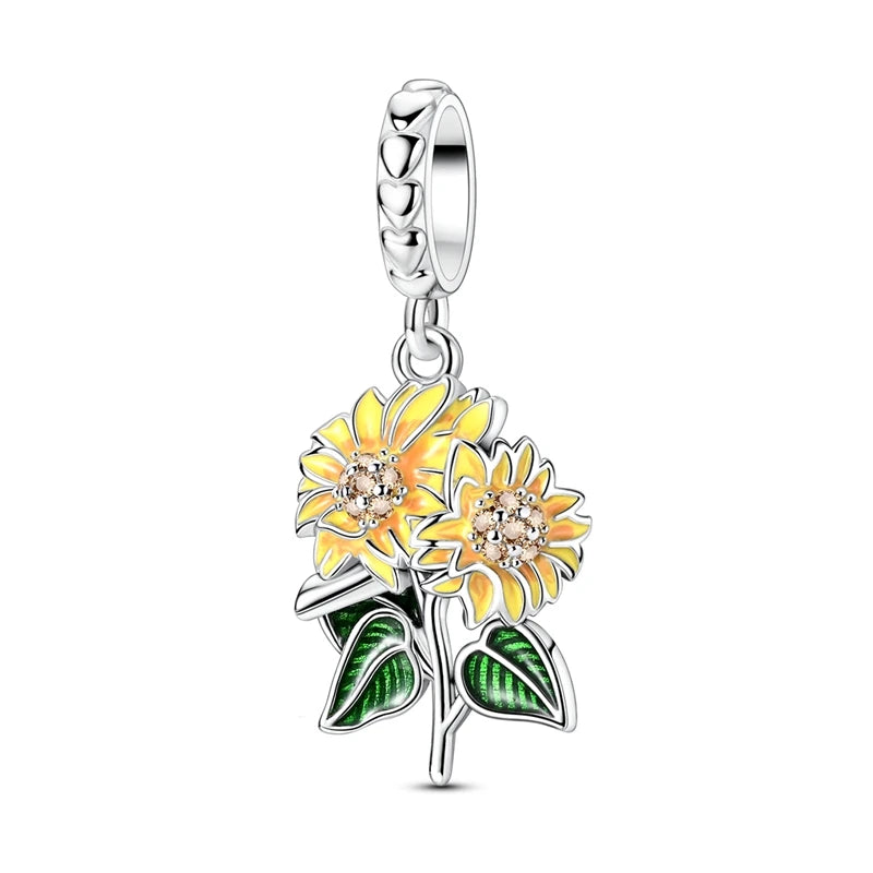 New 925 Sterling Silver Two Tone Golden Sunflower Lucky Stars Charm Fit Bracelet & Necklace Sun Moon Diamond Charm Jewelry DIY