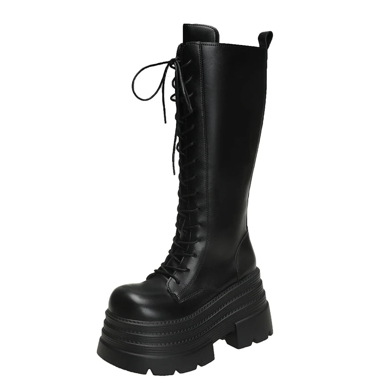 New Women's Roman Long Boots Autumn Winter Knee-high Leather Punk Shoes Chunky Platform Casual Knight Boots Botas Mujer 10CM
