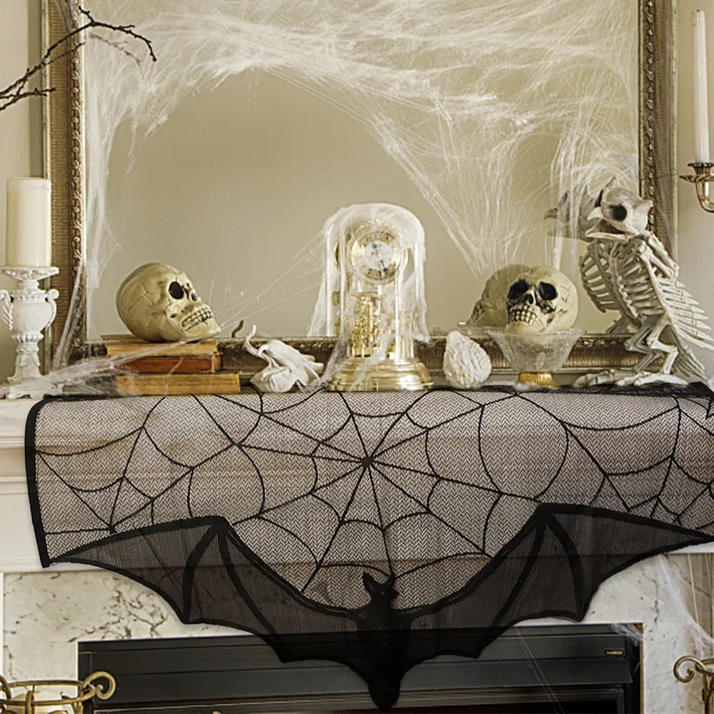 Hallowen Bat Spider Web Table Runner Door Curtain Lace Cobweb Fireplace Cover Lampshade Perfect for Gothic Halloween Decoration