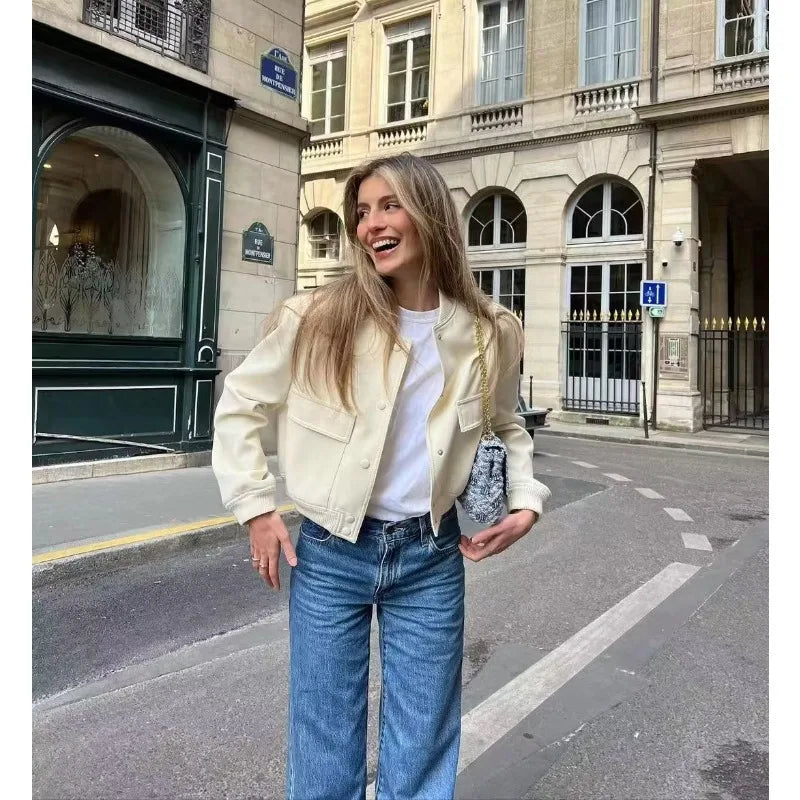 MUJER 2025 Woman Bomber Jacket White Autumn Winter Button Cropped Jackets for Women Fashion Long Sleeve Women Coats Outerwears