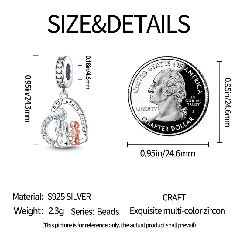 925 Sterling Silver Classic Mom and Daughter Heart Shaped Charms Pendants Fit Pandach Original Bracelet DIY Mother's Day Jewelry
