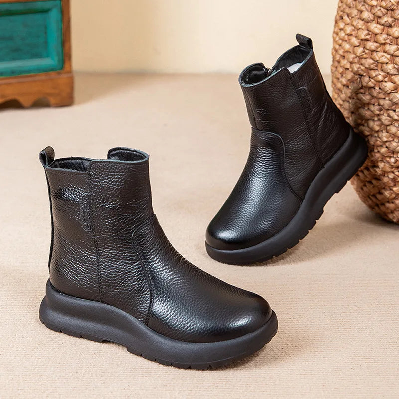 GKTINOO 2025 Winter New Genuine Leather Side Zipper Flat Bottom Women's Short Boots Soft Sole Plush Warm Cotton Shoes