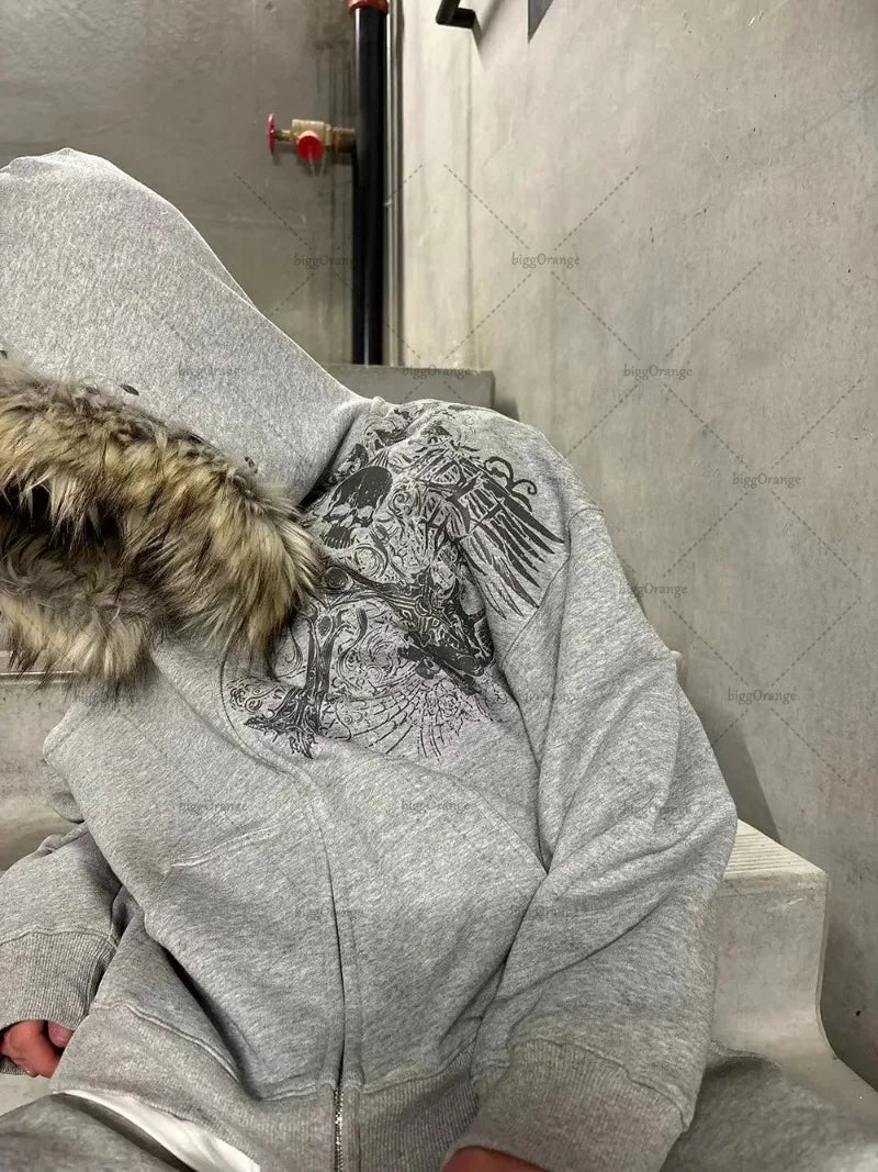Gothic Harajuku Retro Skull Zipper Hoodie Men Streetwear Y2K Fur Collar Jacket Trendy Hip Hop Casual Oversized Sweatshirt Women