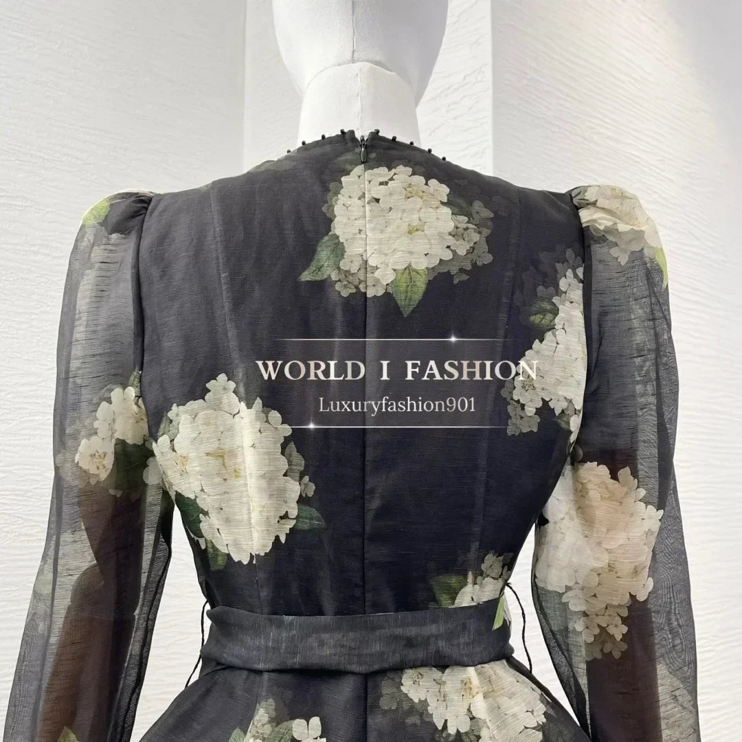 Romantic Style Women Dress Australia Luxury Design Black Hydrangea Butterfly Sleeve Mini Dresses for Summer Vacation