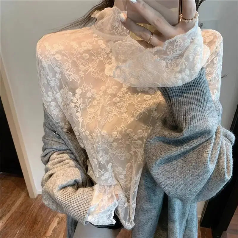 Lace Long Sleeve Shirts Women Plus-velvet Slim Basic Mock Neck Hollow Embroidery Autumn Winter Tops Gentle Elegant Chic Female
