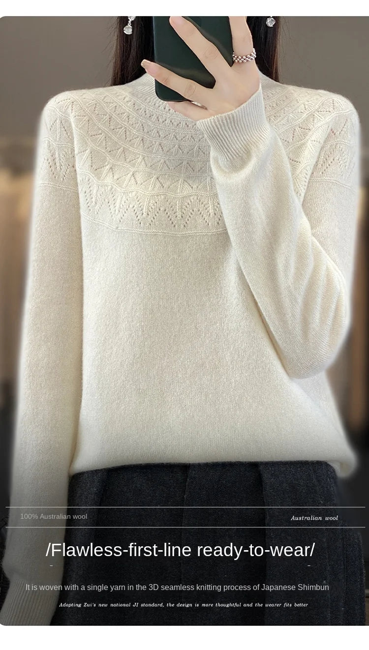 2024 New Line Of Garment Hollowed Out Half Height Women's High-grade Woolen Sweater 100% Pure Wool Multi-color Option WQ