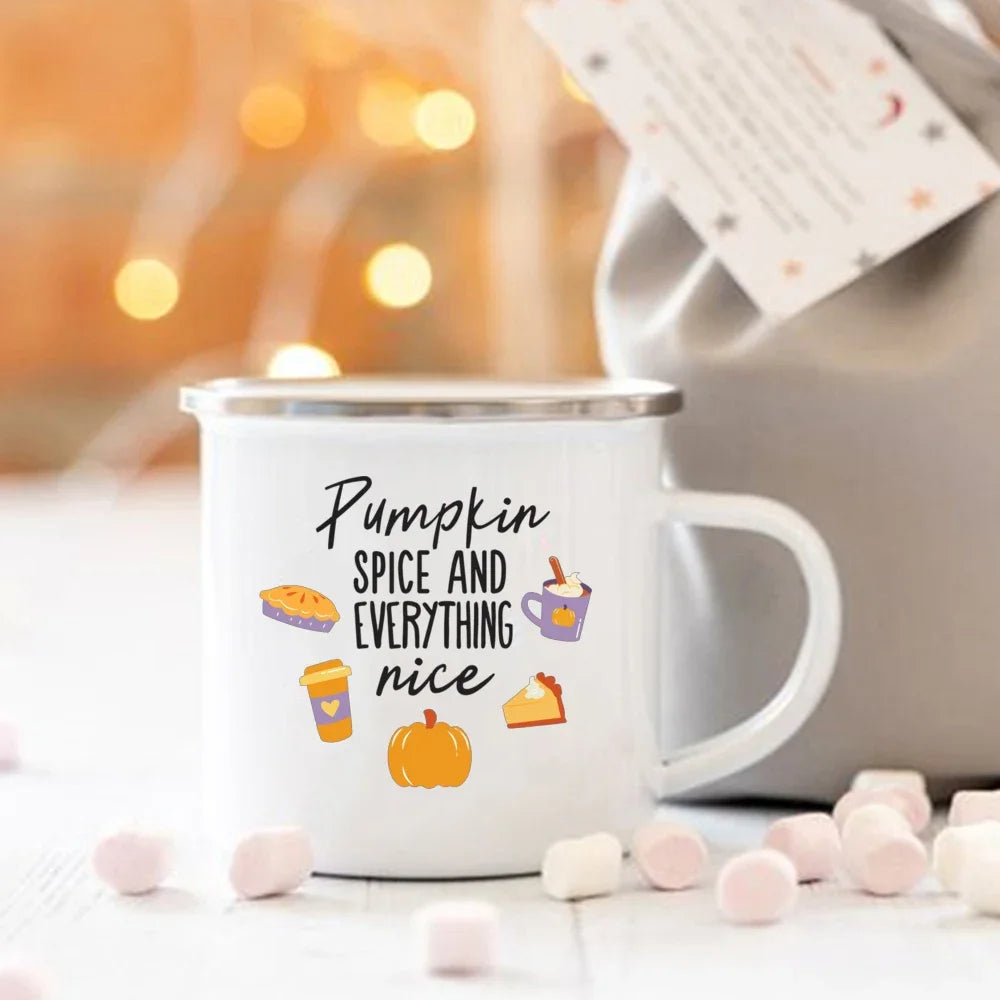 Pumpkin Spice and Everything Nice Enamel Mug Halloween Camping Mug Autumn Home Decor Fall Coffee Mug Festive Gifts for Kids