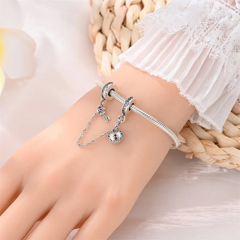 Classic Silver Plated Lotus Guardian Angel Heart-Shaped Zircon Charms Beads Fit Qikaola 925 Original Bracelets DIY Jewelry Gifts
