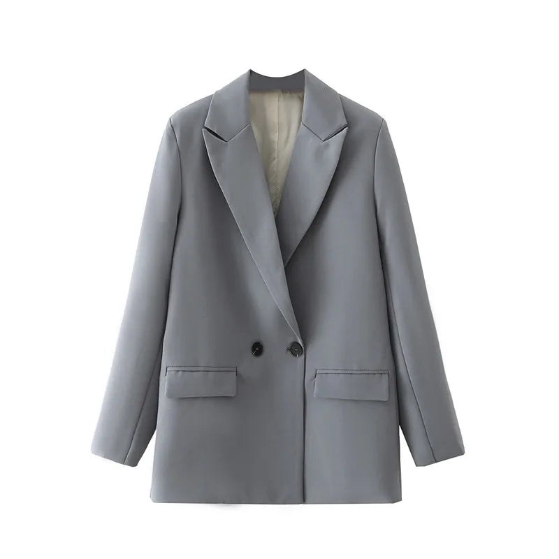 New Women's Double-Breasted Suit Jaet Casual Top 2 Colors Commute Sle Straight Cut Polyester Long Sve Pure Color
