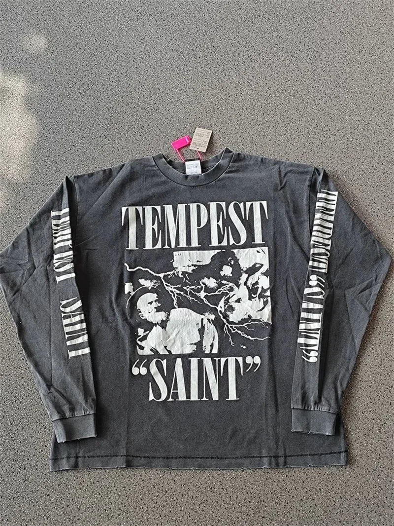 25SS Pure Cotton Saint Michael Long Sleeved T Shirts Men Women 1:1 Washed Black Manga Character Print Hoodies