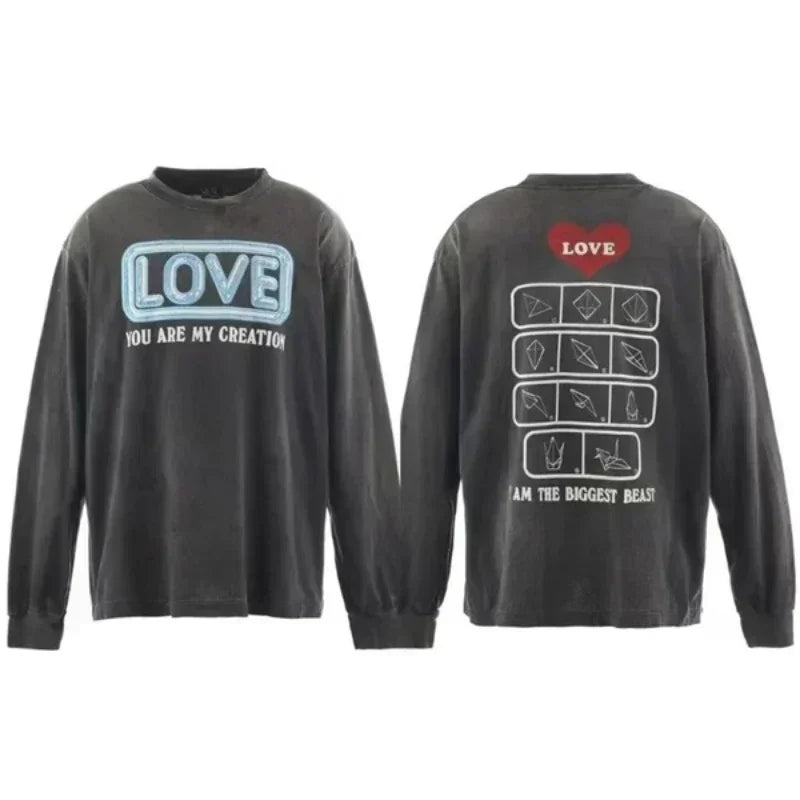 25SS Pure Cotton Saint Michael Long Sleeved T Shirts Men Women 1:1 Washed Black Manga Character Print Hoodies