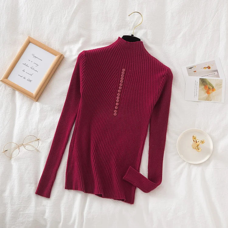 Women Turtleneck Pullovers Autumn Winter Jumper Knitted Basic Top Fashion Solid Color with Button Long Sleeve Ladies Sweater
