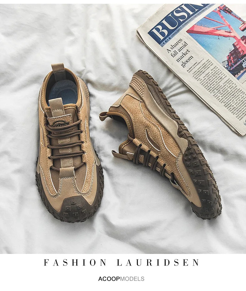 Outdoor Men Hiking Shoes Anti-slip Platform Men Sneakers Retro Leather Jogging Shoes Fashion Wear-resistant Trekking Shoes Male