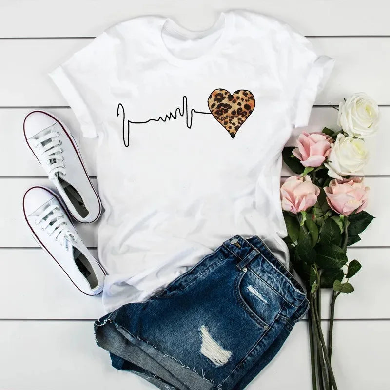 Summer new women's T-shirt with leopard print and heartbeat pattern, short-sleeved
