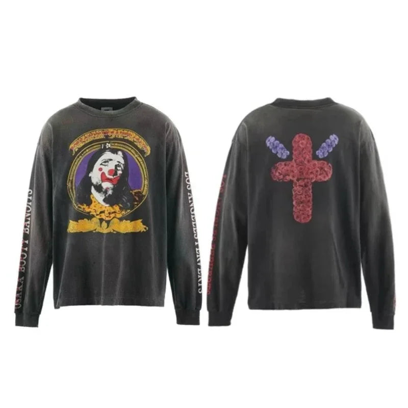 25SS Pure Cotton Saint Michael Long Sleeved T Shirts Men Women 1:1 Washed Black Manga Character Print Hoodies