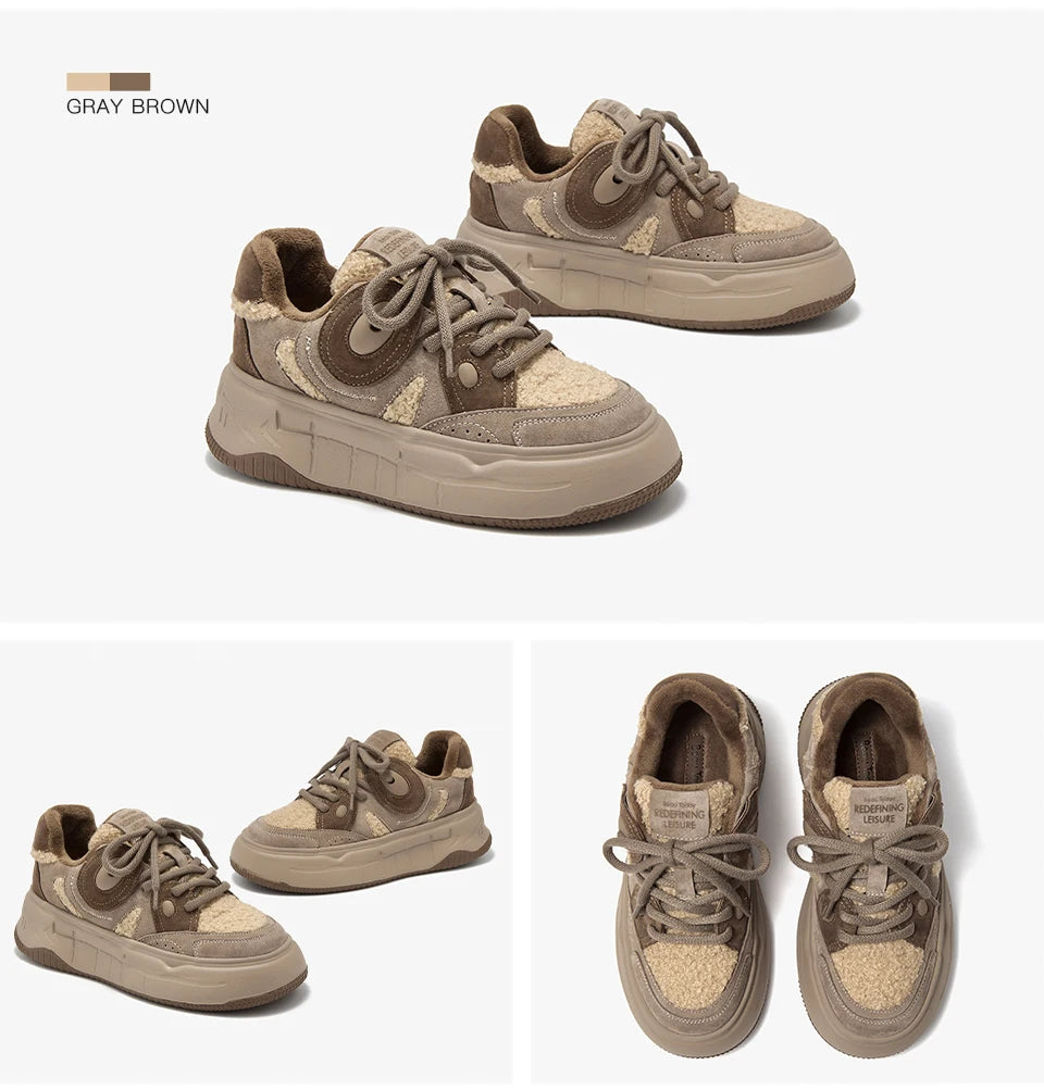BEAUTODAY Furry Sneakers Women Suede Leather Mixed Colors Non-Slip Lace-up Warm Casual Winter Ladies Shoes Handmad MS1C003