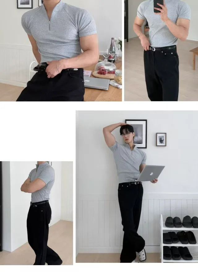 Summer New Men's Sportswear Casual Running And Fitness Stretch Solid Color Zipper Simple Striped Thick Short-sleeved T-shirt