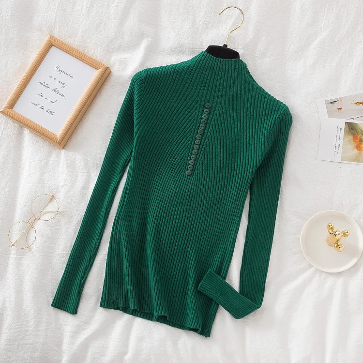 Women Turtleneck Pullovers Autumn Winter Jumper Knitted Basic Top Fashion Solid Color with Button Long Sleeve Ladies Sweater