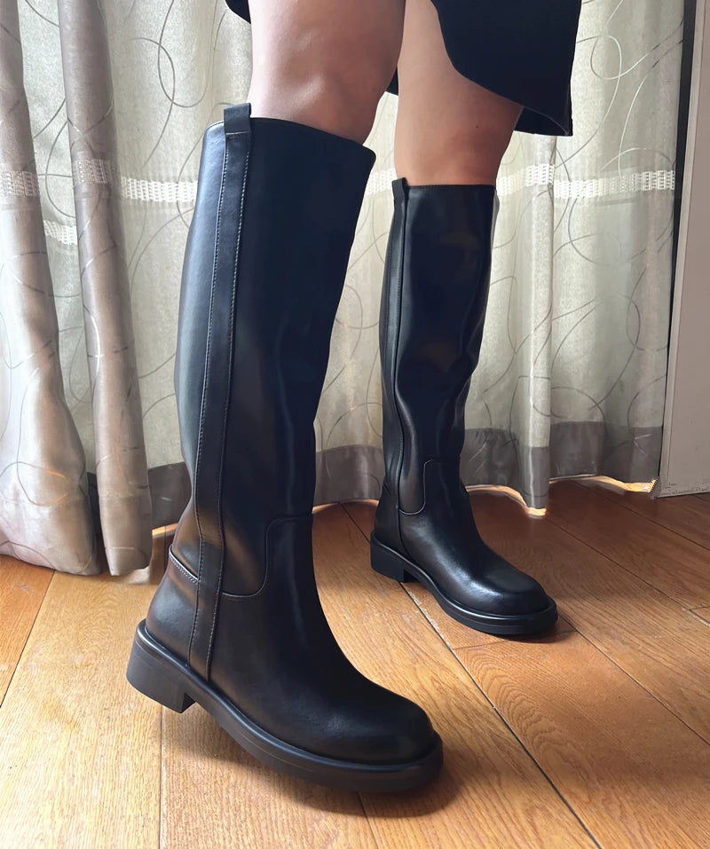 INS ZA Plus Size 34-43 New Fashion Full Genuine Leather Boots Women Slip On Knee High Boots Autumn Winter Straight Knight Botas