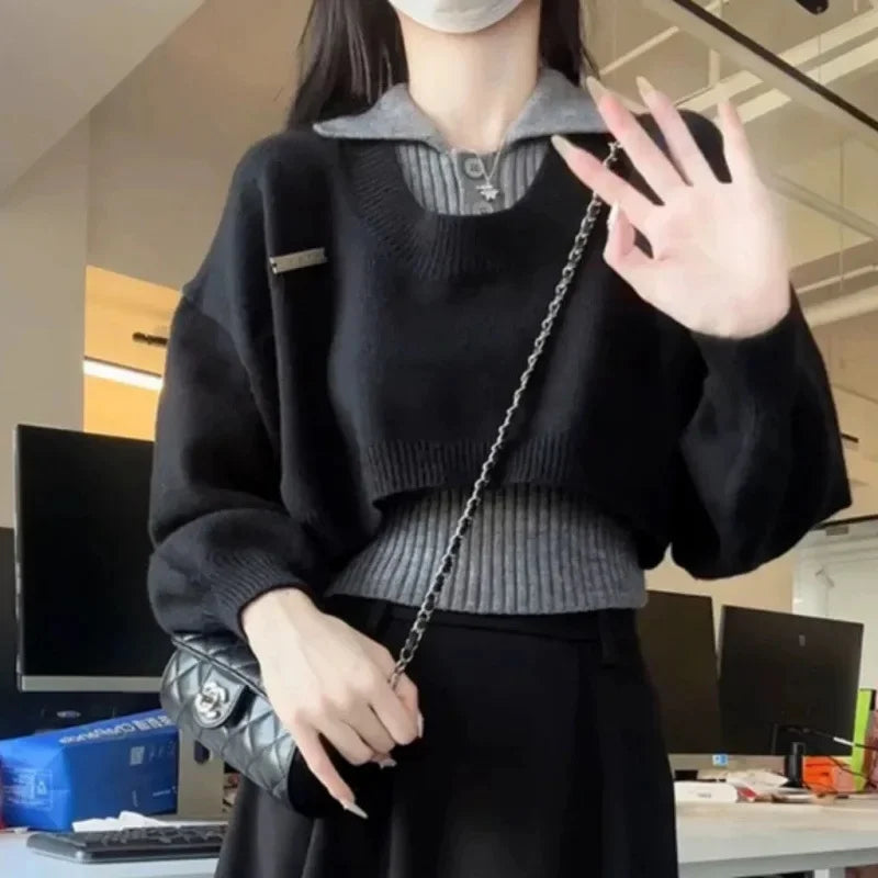 Preppy Style Women's Polo Collar Sweater 2-Piece Set Cropped Idle Style Knit Suit V-Neck Top For Spring And Autumn