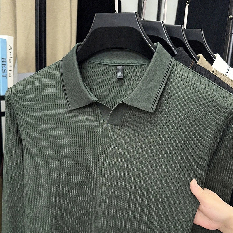 Spring and Autumn men's long sleeved T-shirt, polo shirt, casual trend, casual solid color, V-neck elastic, no heat T-shirt