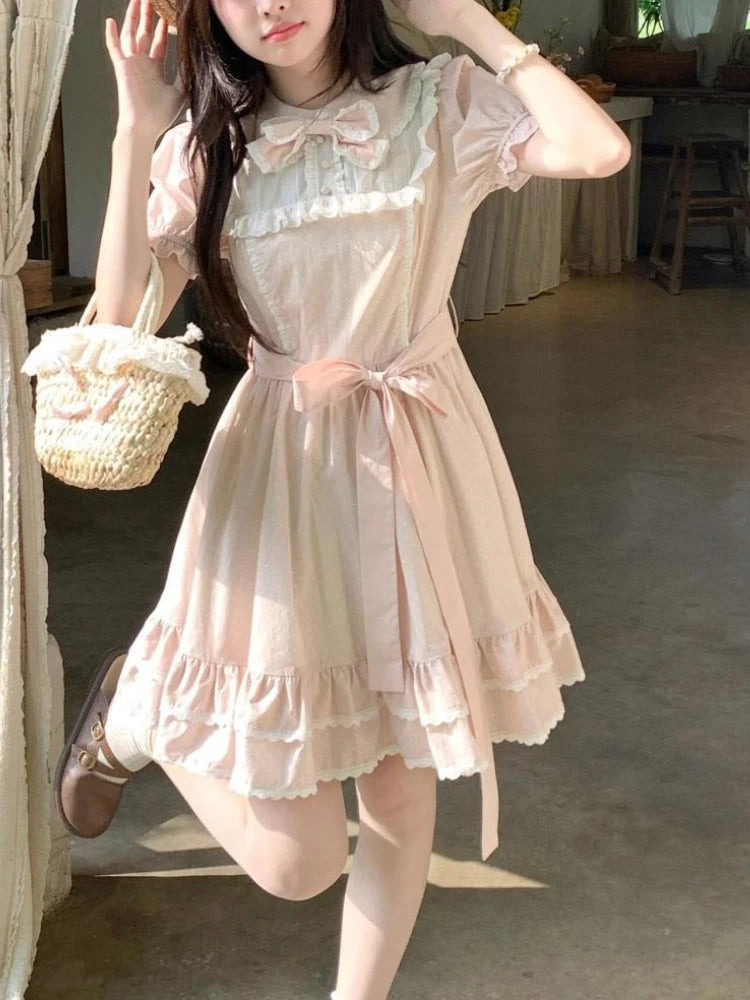 Summer Sweet Pink Puff Sleeve Bow Dress Women's Design Casual New Patchwork Dresses Elegant New Fashion A-line Short Dresses