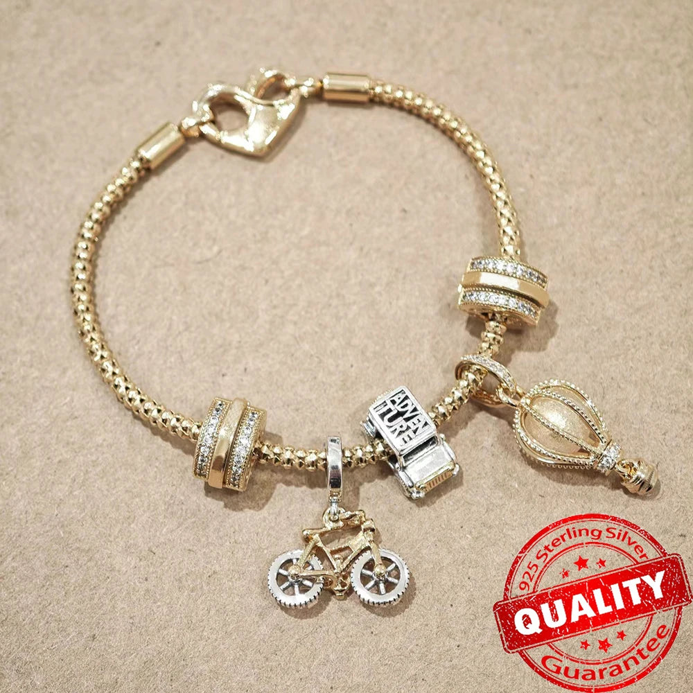 Sparkling Gold Monstera Leaf Charm Fit Original Bracelet 925 Sterling Silver Shark Tooth Mini Charm for Girls Party Jewelry