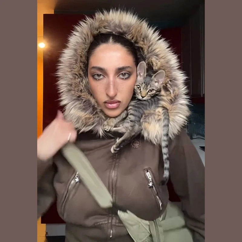 Fashion Solid Feather Hooded Short Jacket Women Zipper Pockets Full Sleeve Waist-closed Coat 2025 Autumn Lady New Street Outwear