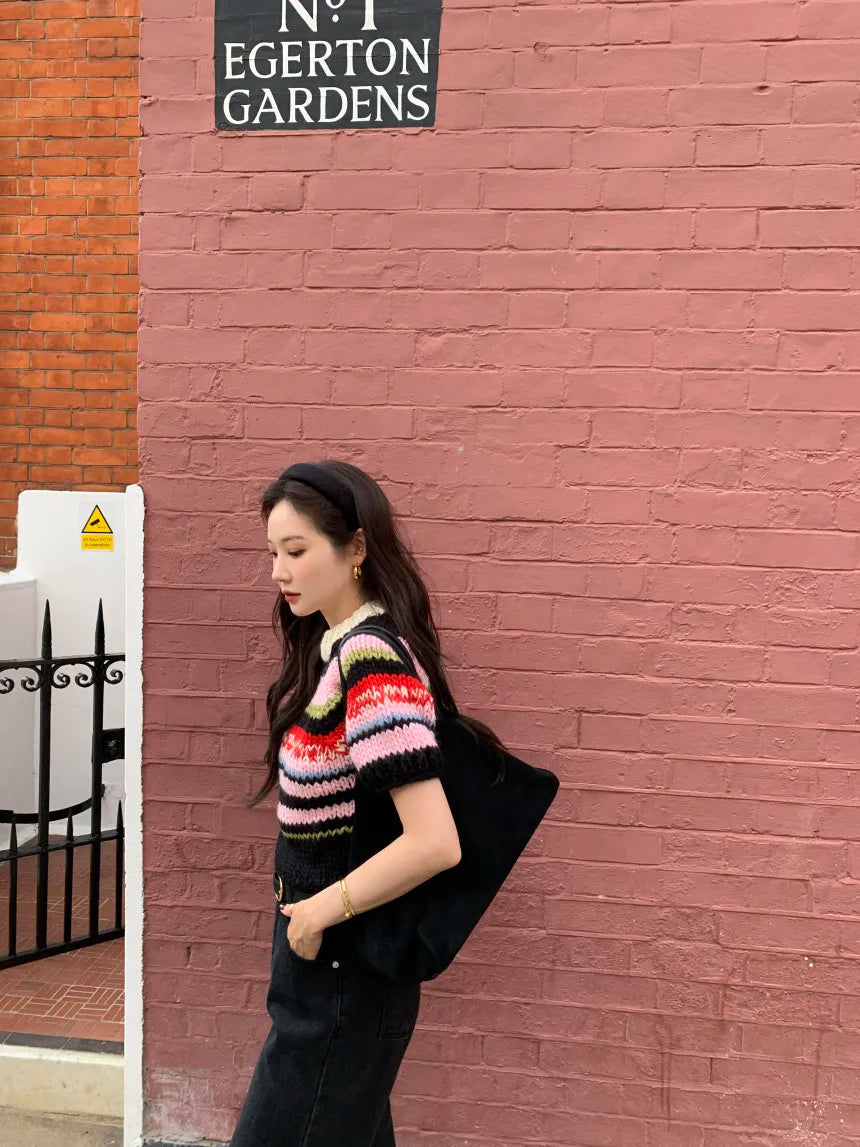 Chic Vintage Heavyweight Knitted Loose ort Sve Striped Sweater for Women Summer Collection oulder Sve