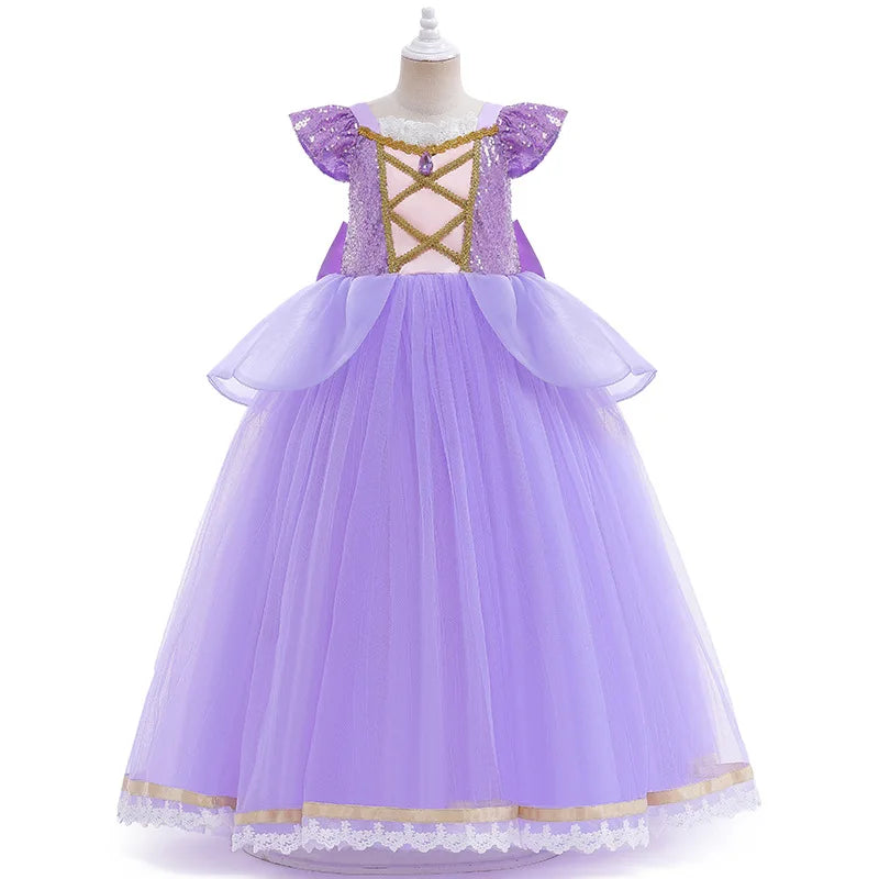 Girls Princess Costume Purple Rapunzel LED Light Up 2PCS Dress Fancy Birthday Carnival Party Elegant Children Clothing Halloween