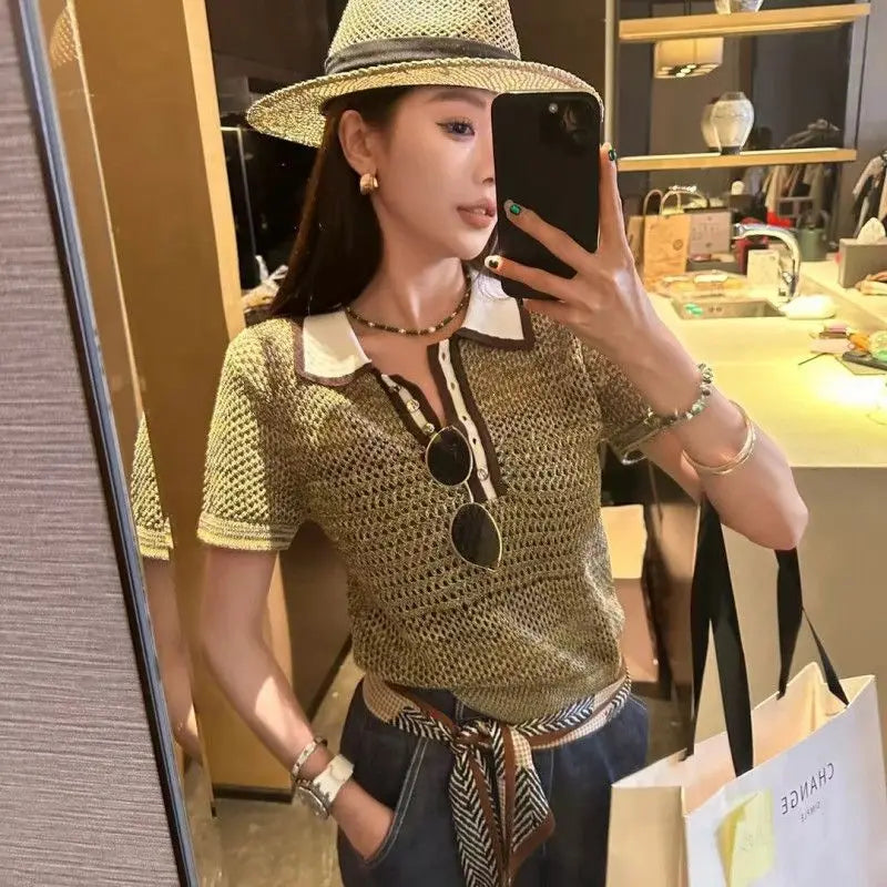 Korean Fashion Niche Design Sense Flip Collar Contrasting Color Top for Women 2025 Summer New Short Sleeved Pullover Trend