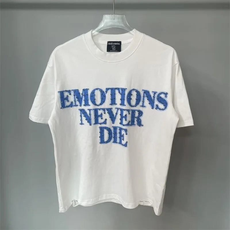 Oversized MIXED EMOTION White T-Shirts Men Women Pure Cotton Casual Red Hot Drill Letters Tshirts
