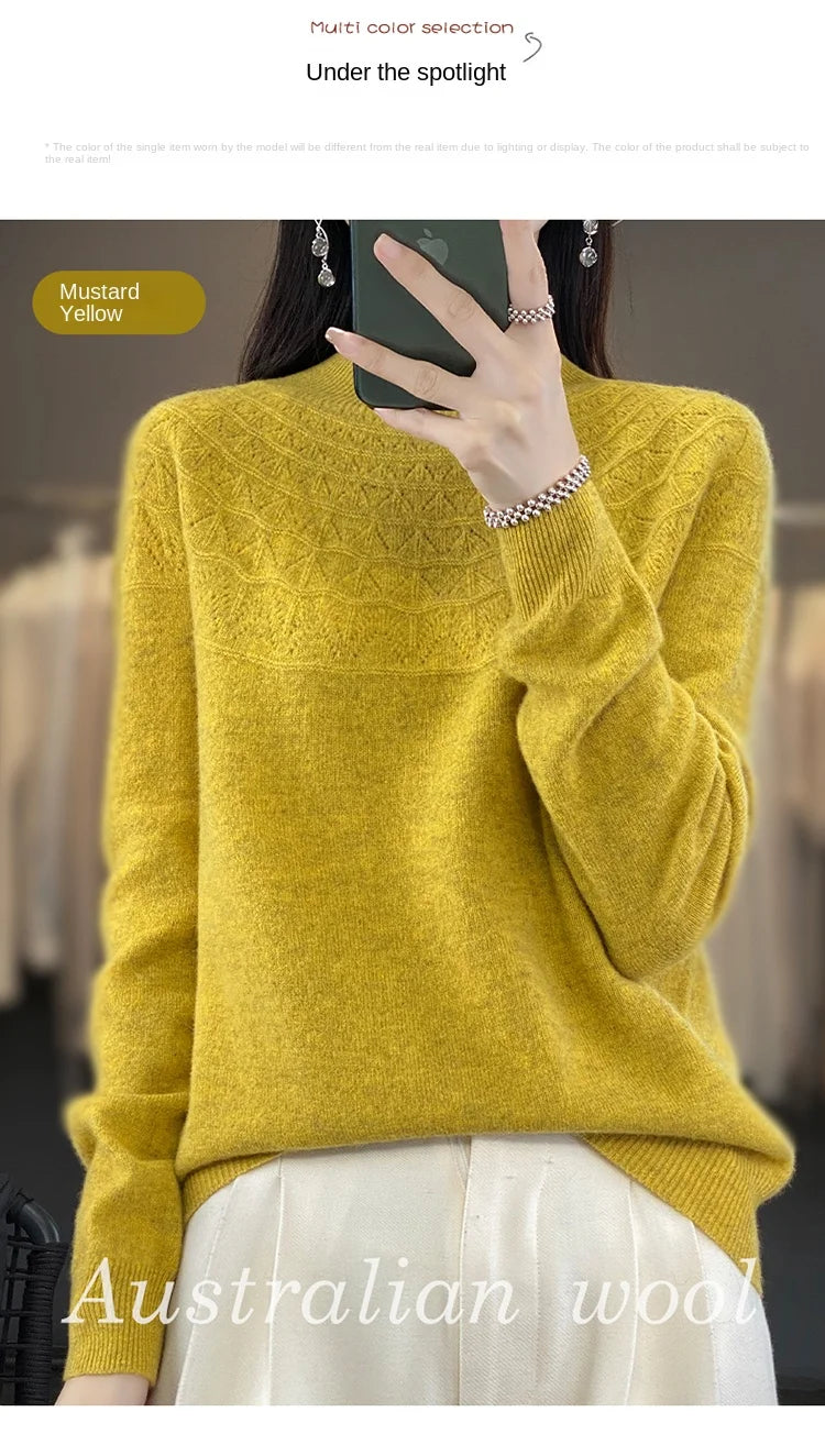 2024 New Line Of Garment Hollowed Out Half Height Women's High-grade Woolen Sweater 100% Pure Wool Multi-color Option WQ
