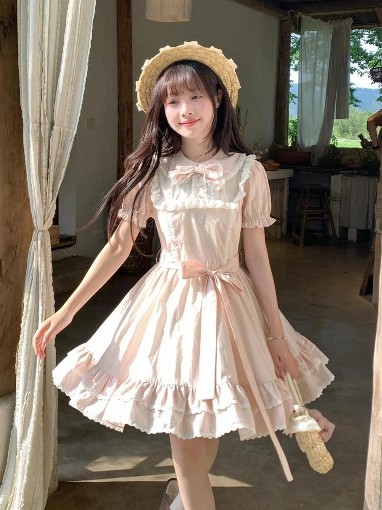 Summer Sweet Pink Puff Sleeve Bow Dress Women's Design Casual New Patchwork Dresses Elegant New Fashion A-line Short Dresses